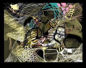 abstract image with feathers and different shapes over a black background