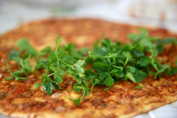 Turkish foods; Turkish pizza (Lahmacun)