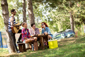 Youngsters enjoys in picnic in wood with music, jokes and cold beer
