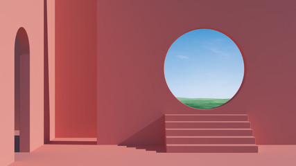 Arch and stairs in trendy minimal interior. 3d render illustration in modern geometric style. Coral pastel colors background for banners for product presentation.