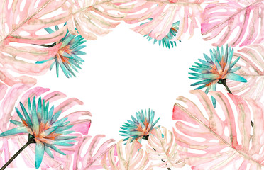 Fototapeta na wymiar Beautiful tropical frame with flowers and leaves. Jungle. Summer floral background.Place for text. Watercolor design illustration.Place for text.