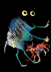 a creature and a cow with six legs, abstract image over a black background