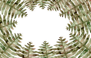 Fern leaves frame, Trendy Summer Tropical Leaves.Exotic background design. Composition with fern watercolor universal background with place for text.