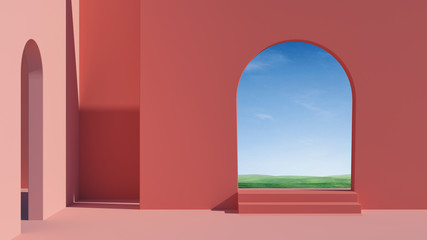 Arch and stairs in trendy minimal interior. 3d render illustration in modern geometric style. Coral pastel colors background for banners for product presentation.