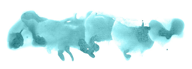 Abstract watercolor background hand-drawn on paper. Volumetric smoke elements. Blue-Green color. For design, web, card, text, decoration, surfaces.