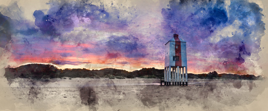 Landscape watercolor painting of vibrant sunrise over wooden lighthouse on beach