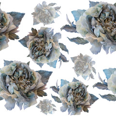 Seamless floral pattern with silk gray and blue rose. Renaissance print for textile. Flowers  pattern on a white background. Backdrop with flowers of roses.  Soft focus.