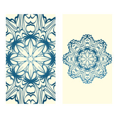 Design Vintage Cards With Floral Mandala Pattern And Ornaments. Vector Template. Islam, Arabic, Indian, Mexican Ottoman Motifs. Hand Drawn Background. Milk blue color