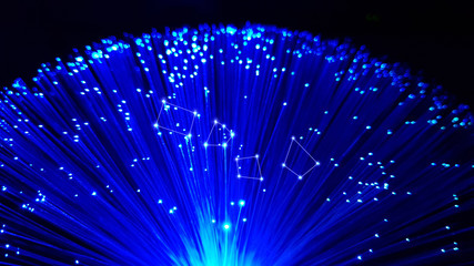 Blue optical fiber cables with shining tips on a black background