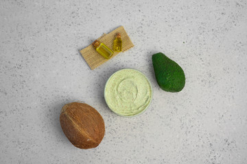 skin care natural products ingredients for scrub body mask: Avocado, coffee, coconut, oil