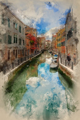 Beautiful view along long canal in Venice Italy