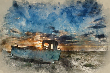 Fototapeta na wymiar Abandoned fishing boat on beach landscape at sunset