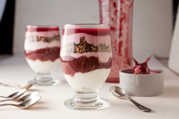 Homemade dessert with yogurt and raspberries