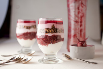 Homemade dessert with yogurt and raspberries