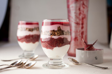 Homemade dessert with yogurt and raspberries