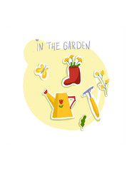 Spring and summer. Work in the garden. Butterfly, watering can, flowers, rake, boot