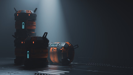 3d rendering of barrels for sci-fi equipment. Sci-fi warehouse with three barrels standing on scratched metal floor. Volumetric light illuminates futuristic orange military barrels on dark background. © roman3d