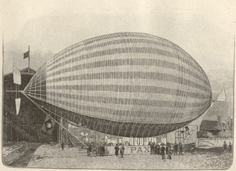 Vista lateral do Pax, dirigível projetado pelo inventor brasileiro Augusto Severo de Albuquerque Maranhão (1864-1902). Desenho publicado na revista francesa La Nature de 24 de maio de 1902
