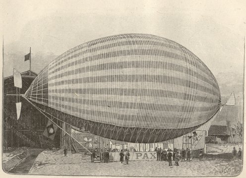Vista lateral do Pax, dirig&iacute;vel projetado pelo inventor brasileiro Augusto Severo de Albuquerque Maranh&atilde;o (1864-1902). Desenho publicado na revista francesa La Nature de 24 de maio de 1902
