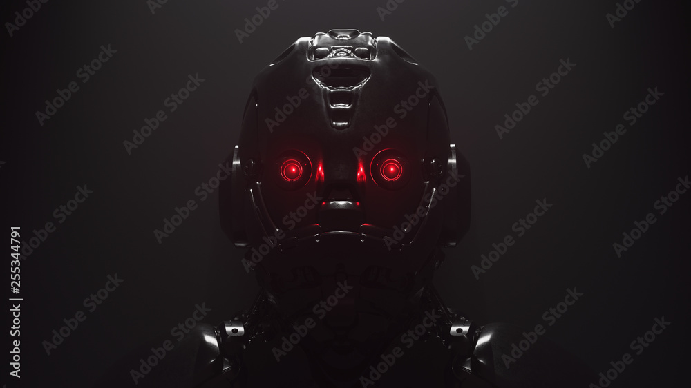 Wall mural cyborg with red luminous eyes on black background. front view of science fiction cyborg with a shiny