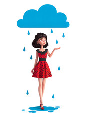 Cartoon brunette girl standing under a blue rainy cloud. Rain season. Mental health weather concept. Idea of a rainy day, lonely, alone, sad, miserable, cloudy, moody. 3D rendering on white background
