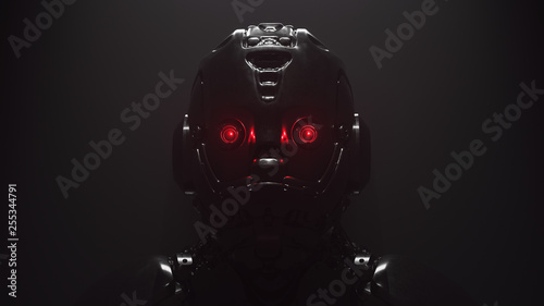 Cyborg With Red Luminous Eyes On Black Background Front View Of Science  Fiction Cyborg With A Shiny Dark Metal Robot With Artificial Intelligence  Robot Man With Artificial Metal Face 3D Rendering Canvas