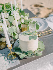 Wedding sweet cake and eucalyptus leaves for decoration. Wedding dinner