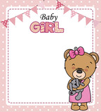 Baby girl shower card. Cute bear with teddy. Space for text