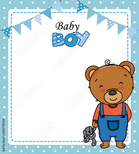 Baby boy shower card. Cute bear with teddy. Space for text