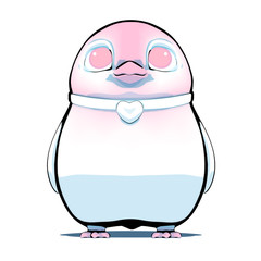 Illustration adorable little penguin with a heart around his neck. Cute penguin icon in line art style. Cold winter symbol. Antarctic bird. Friendly cartoon pink baby penguin on a white background.