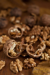 Walnuts on wooden background