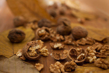 Walnuts on wooden background