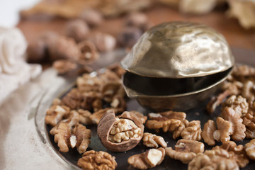 Walnuts on wooden background