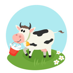 Farm cow with milk bucket