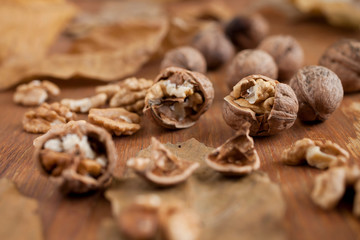 Walnuts on wooden background