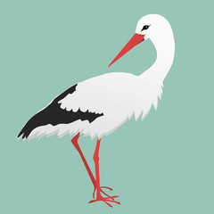 A vector illustration of a white stork. The background is green