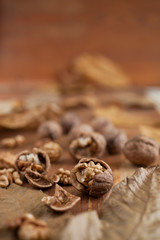 Walnuts on wooden background