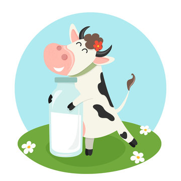 Farm cow with milk bottle