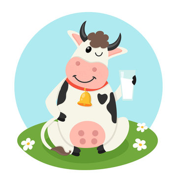 Farm cow with a glass of milk