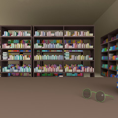 many books on bookshelf and glasses on table ,3D rendering