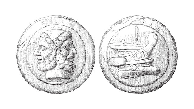 Roman coin / vintage illustration from Meyers Konversations-Lexikon 1897
