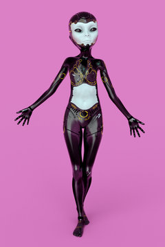 Weiblicher Außerirdischer posiert in futuristischer Kleidung