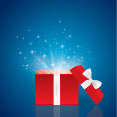Opened realistic gift box with bow and abstract light. Vector illustration.