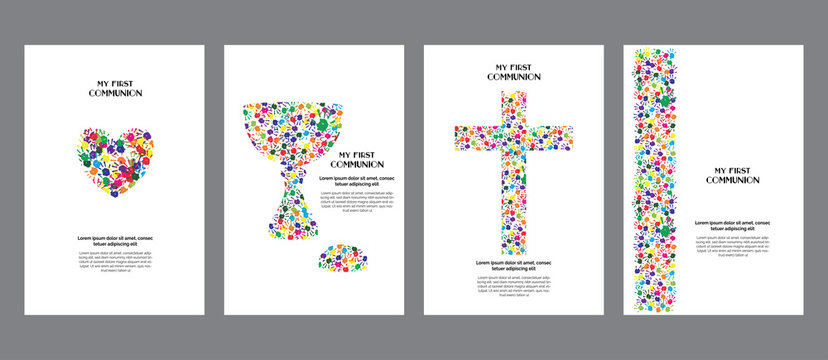 Classic, universal kids hand prints rainbow religious template poster, flyer, invitation card My first communion.