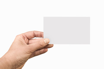 Obraz premium Hand holding a blank note or business card isolated on white background