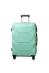 Suitcase on wheels light green color on a white isolated background
