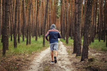 Fototapeta premium Man in a hoodie running in a pine forest. Concept of training in outdoor