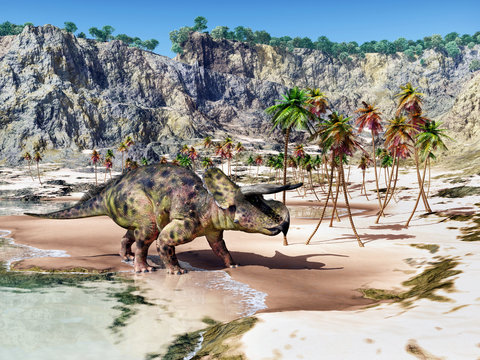 Dinosaurier Nasutoceratops am Strand