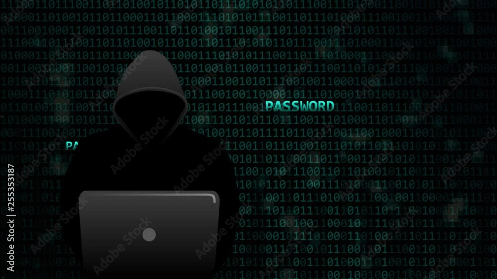 Poster hacker steals digital passwords binary code background illustrated animation