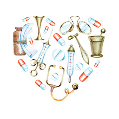 set of hand drawn watercolor vintage medical supplies in the form of a heart